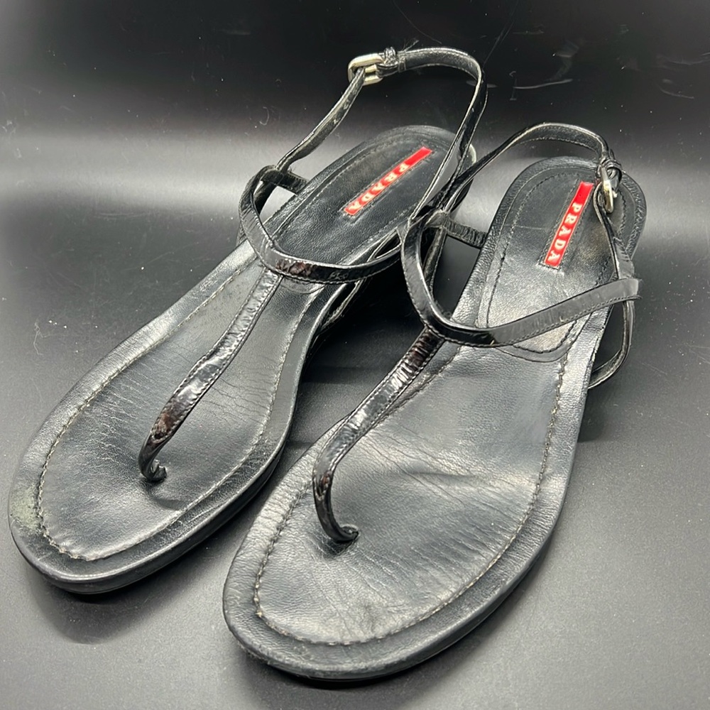 Prada Sport Black Patent Leather T-Strap Sandals size 8.5